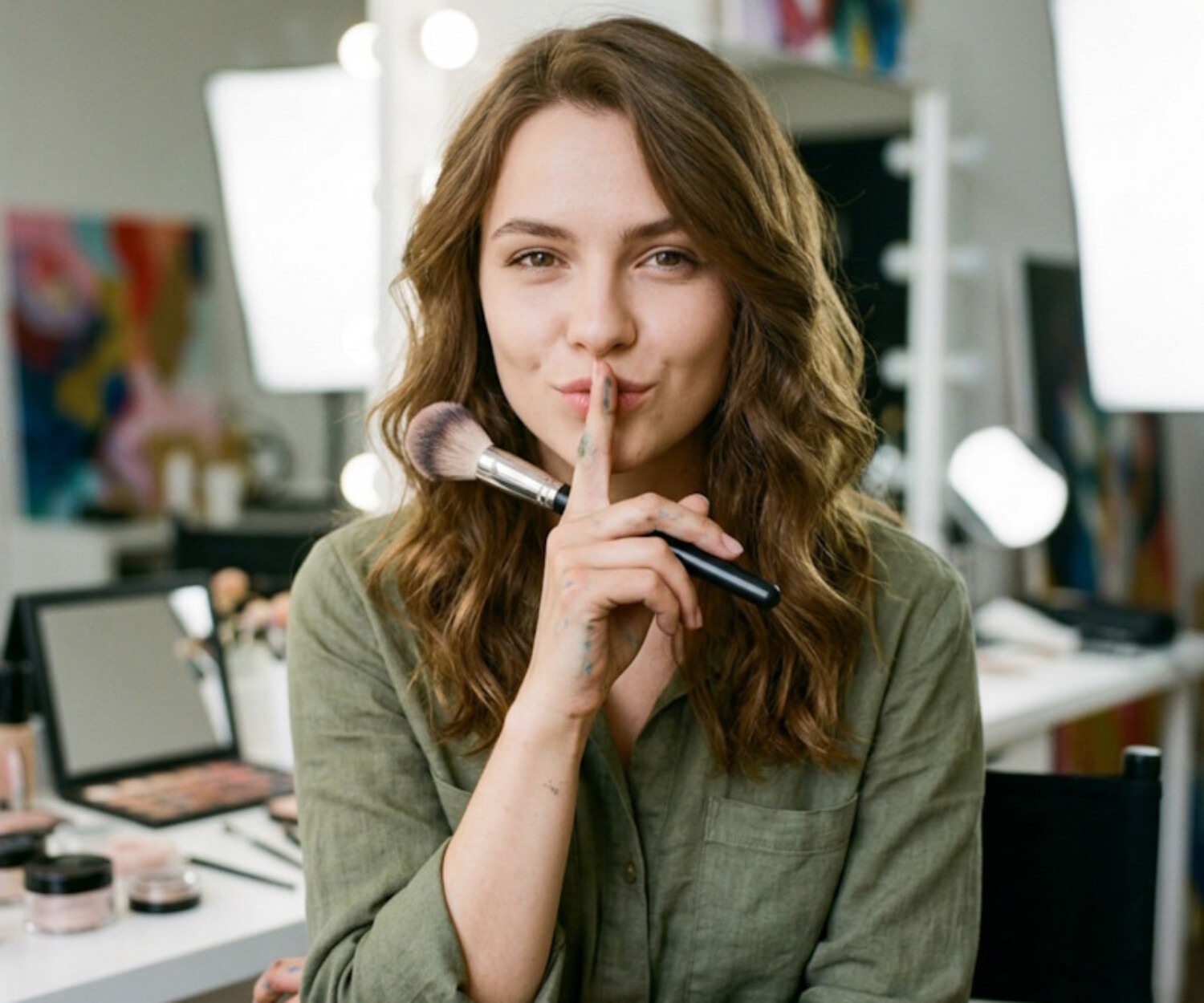 Bridal makeup artist in Arizona holding brush with discreet gesture, representing private and confidential wedding makeup services