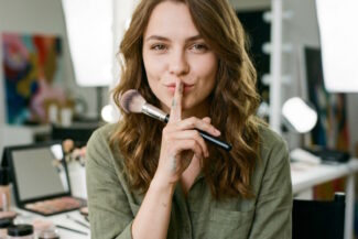 Bridal makeup artist in Arizona holding brush with discreet gesture, representing private and confidential wedding makeup services