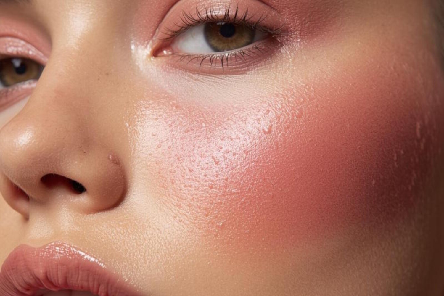Close-up of a model with dewy skin using the cheek-first blush blocking technique with pink pigment high on the cheekbones and temples.