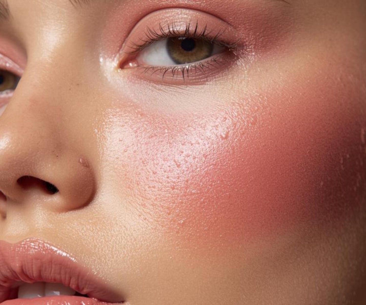 Close-up of a model with dewy skin using the cheek-first blush blocking technique with pink pigment high on the cheekbones and temples.