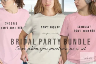 Bridal party wearing matching getting‑ready shirts in blush and cream for wedding morning photos – DiGlamWedCo bridal apparel bundle.
