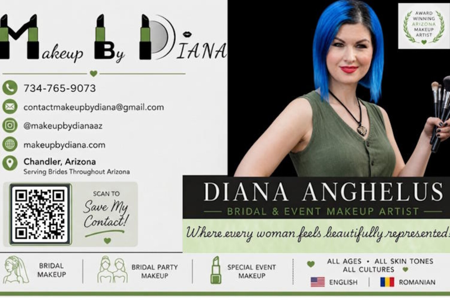 Diana Anghelus, an Arizona bridal and event makeup artist, smiling with blue hair and holding makeup brushes beside her business card details.
