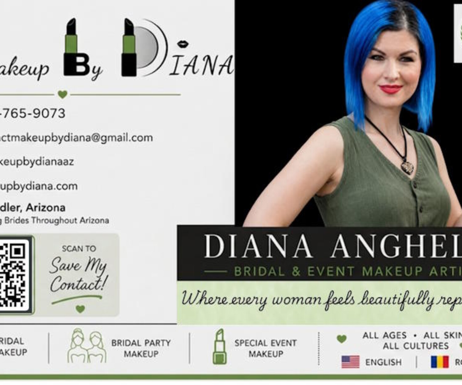 Diana Anghelus, an Arizona bridal and event makeup artist, smiling with blue hair and holding makeup brushes beside her business card details.