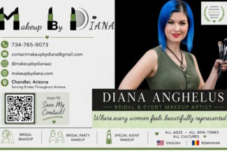 Diana Anghelus, an Arizona bridal and event makeup artist, smiling with blue hair and holding makeup brushes beside her business card details.